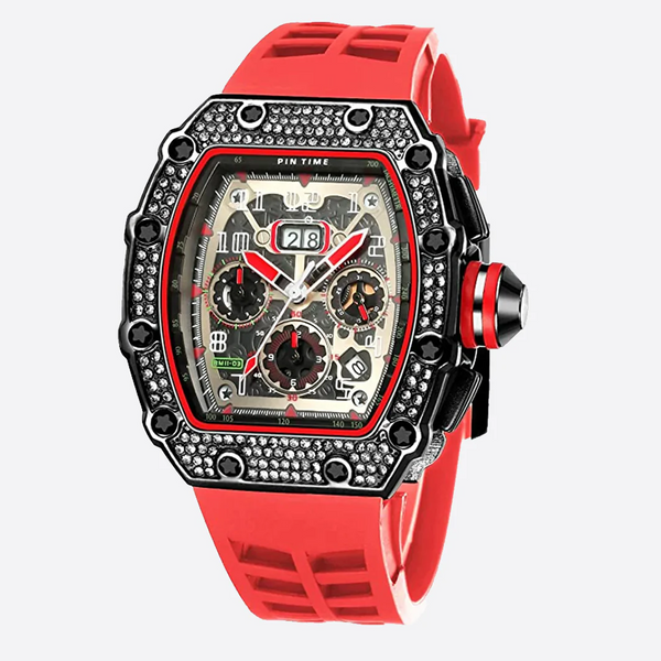 RYALME. | Iced out horloge met rode rubberen band